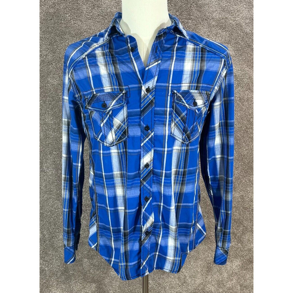 Helix Shirt Mens Medium Blue Plaid Athletic Fit‎ Button Roll Tab Sleeves Pockets